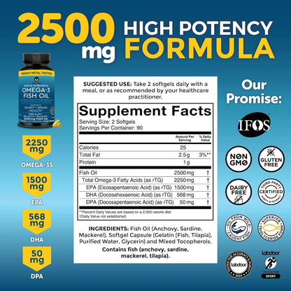Triple Strength Omega 3 Fish Oil 3600 Mg | EPA & DHA | over 2250Mg Omega-3 Fatty Acids | 1500Mg EPA + 568Mg DHA